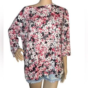 J. Jill Floral Print Soft Blouse in Pink and Black Floral Long Sleeve